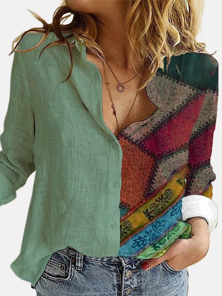 Ethnic Printed Long Sleeve Lapel Collar Patchwork Blouse For Women P1766147