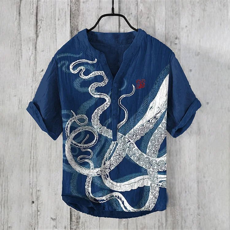 Comstylish Japanese Art Octopus Graphic Linen Blend Cozy Shirt