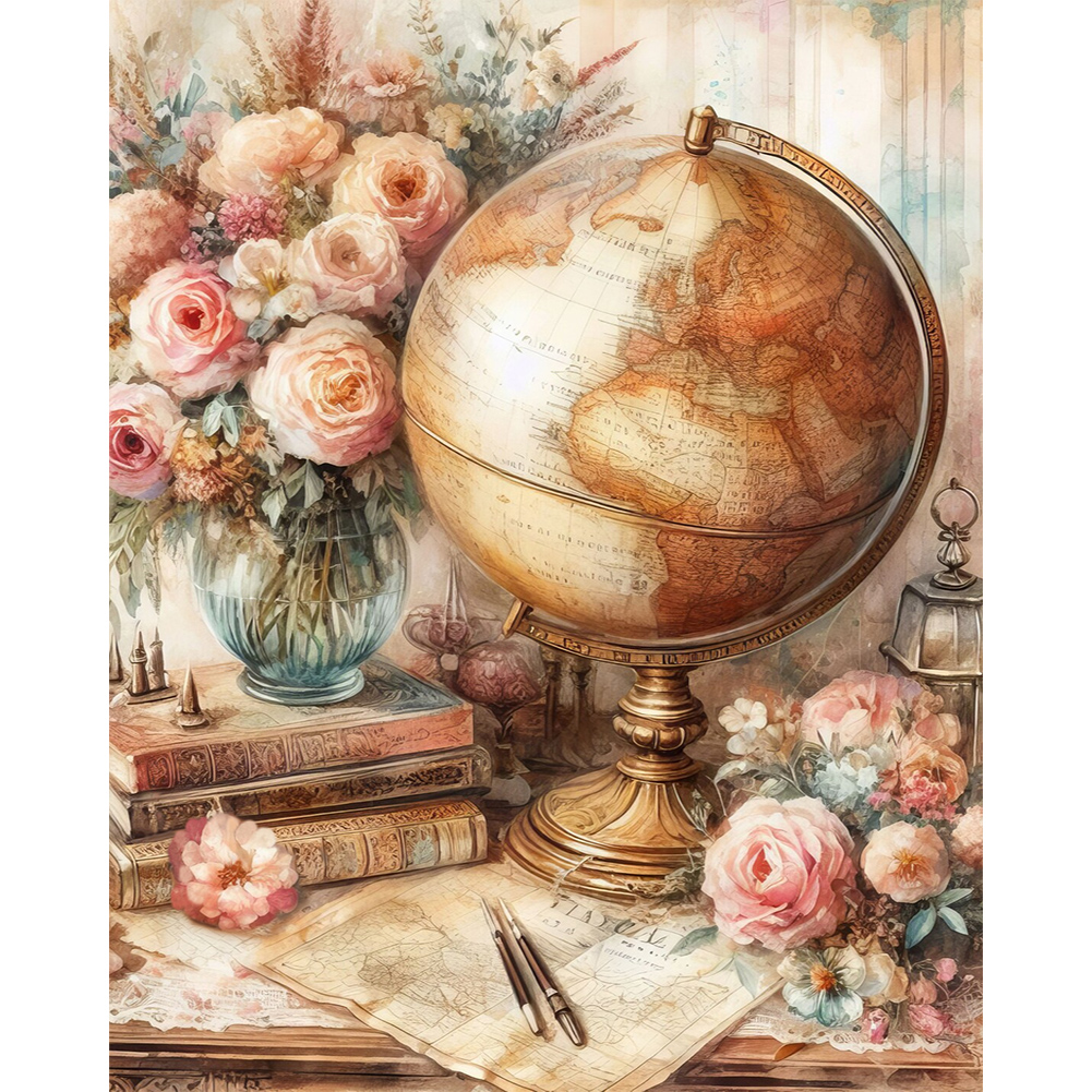 Retro Style Globe 40 50CM Canvas Full Round Drill Diamond Painting