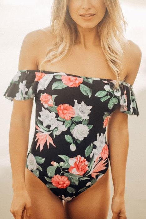 Black Off Shoulder Floral Print Ruffle Cute One Piece Swimsuit Bathing Suit - Shop Trendy Women's Clothing | LoverChic