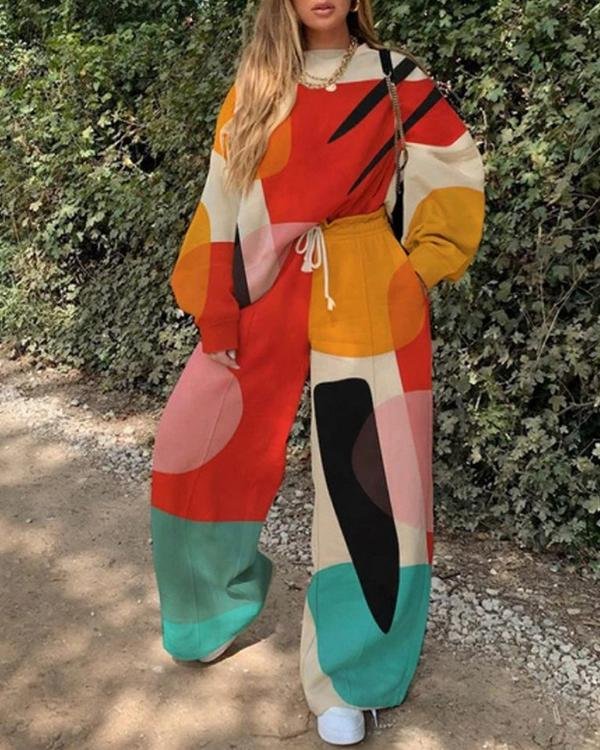 Ladies Fashion Casual Printed Sweater Suit