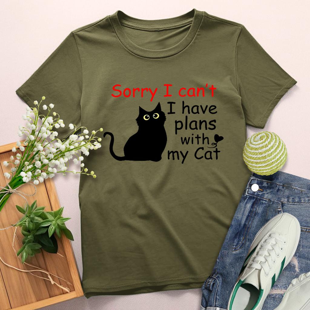 Sorry,I Can't i have Plans With My Cat Round Neck T-shirt-0025163-Guru-buzz