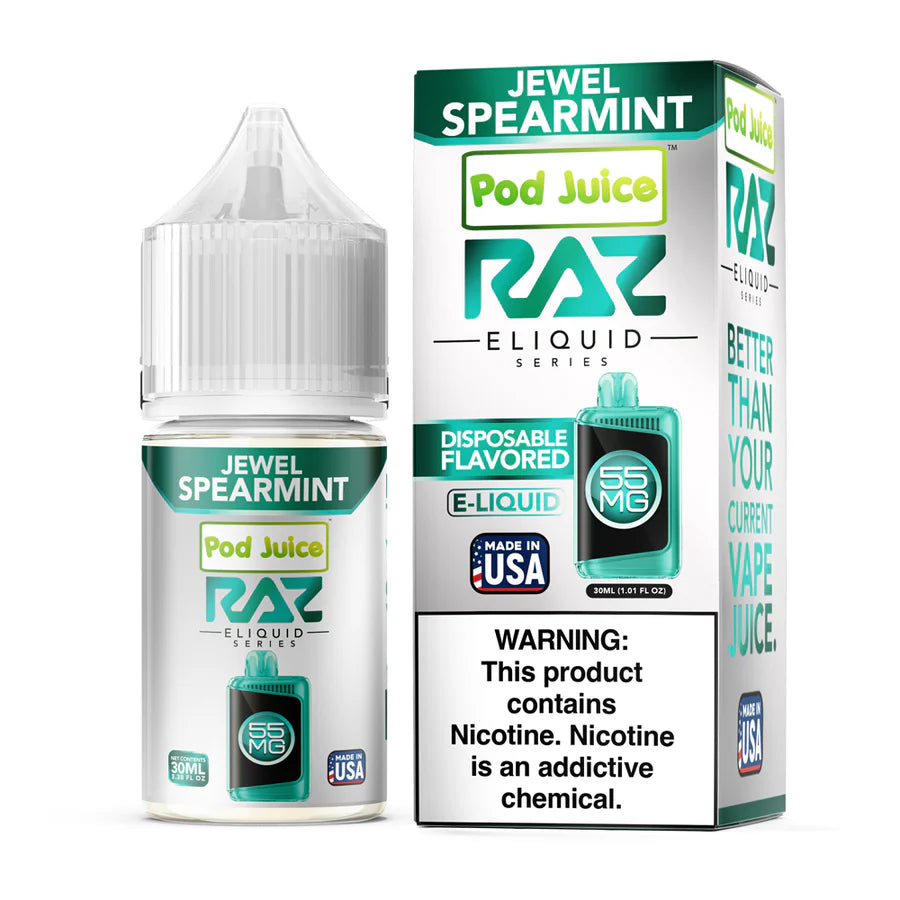 Pod Juice X RAZ Jewel Spearmint 30ML e-liquid, 55mg nicotine salt. Made in USA.