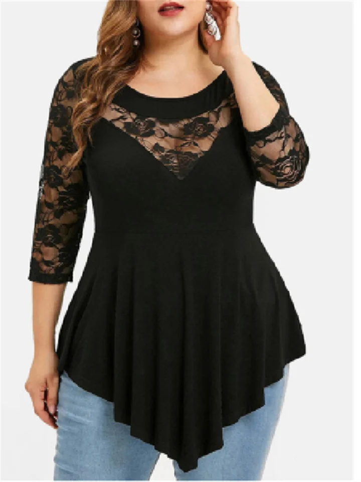 Women's Plus Size Tops Blouse Solid Color Lace Patchwork 3/4 Length Sleeve Round Neck Elegant Sexy Formal Work Polyester Fall Spring Black Purple-JRSEE