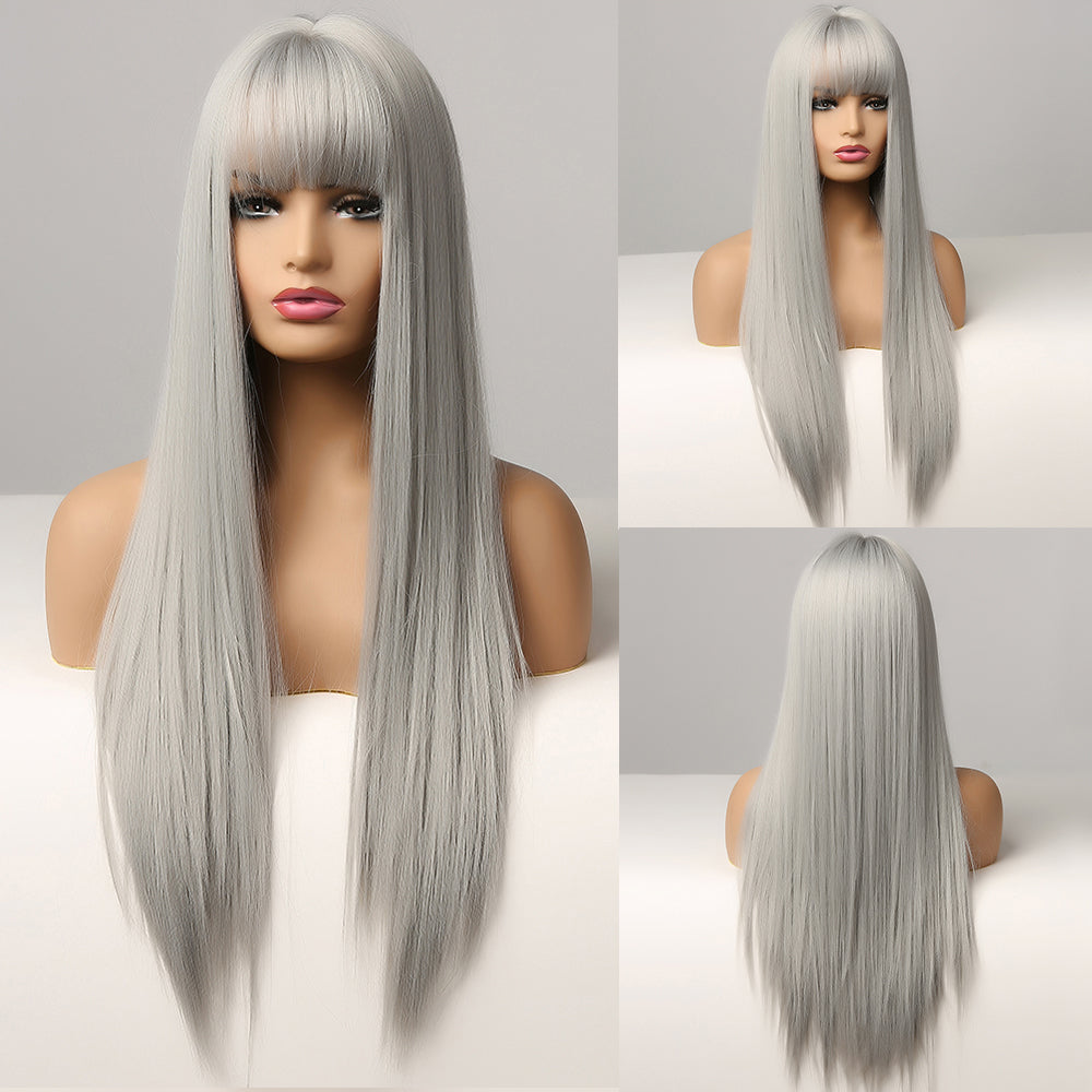 Gray Long Straight Wigs with Bang Natural Hair Wig