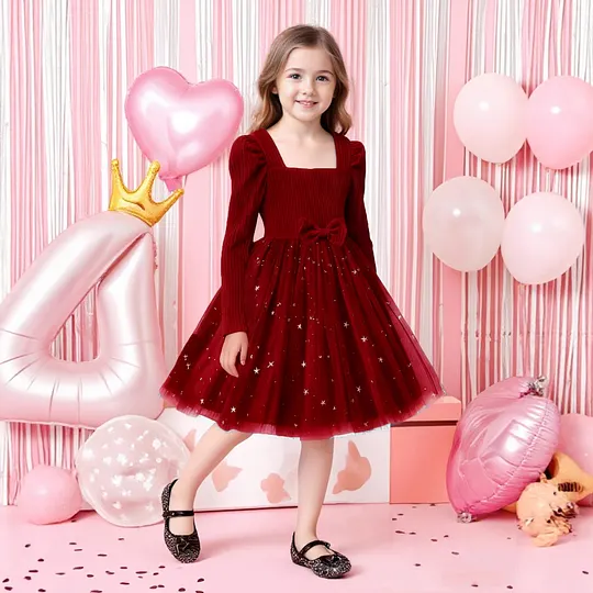 【2Y-7Y】Girls' Long Sleeve Patterned Mesh Patchwork A-Line Princess Dress With Bow Belt