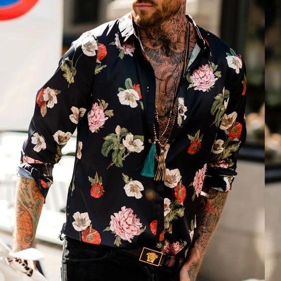 ZUKOC Men's Botanical & Floral Print Long Sleeve Chic Casual Shirt