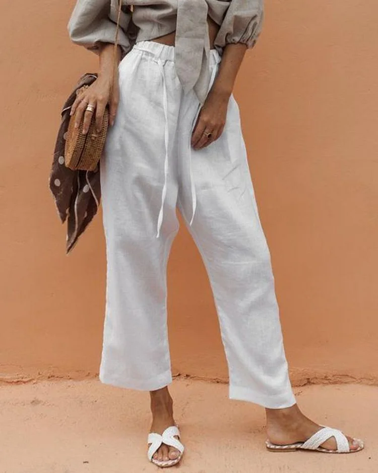 Casual Elastic Waist Pleated Cotton and Linen Cropped Wide-leg Pants