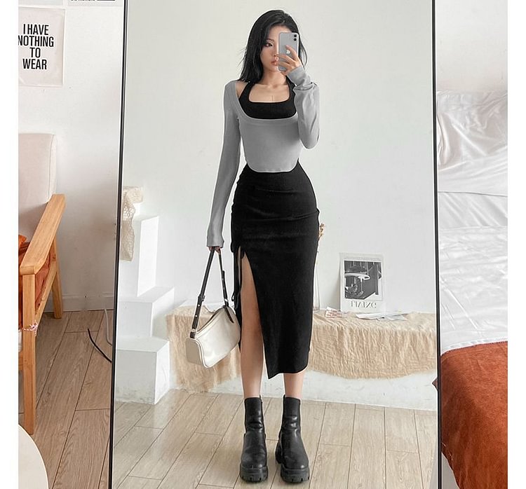 Set: Halter-Neck Drawstring Plain Midi Bodycon Dress + Long-Sleeve Scoop Neck Top BC330