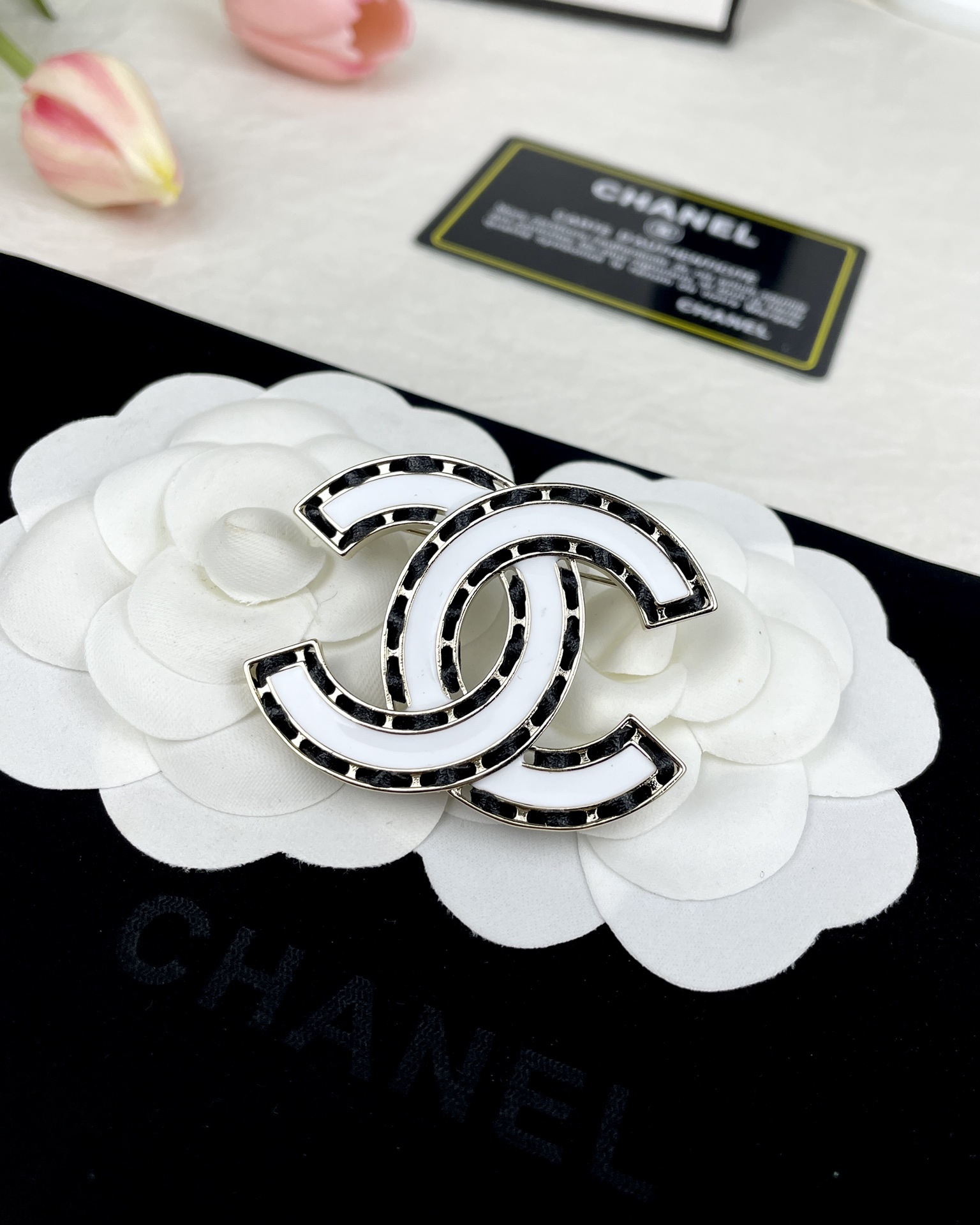 Chanel White Enamel Leather Woven CC Brooch