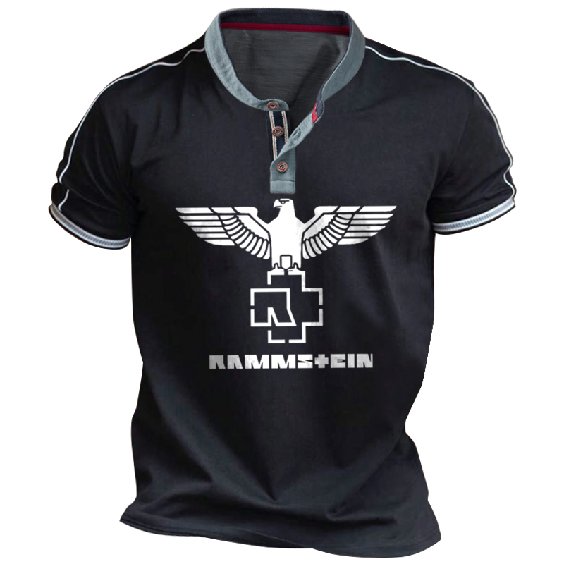 Men's Rammstein Rock Band Print Henley Short Sleeve T-Shirt / TECHWEAR CLUB / Techwear