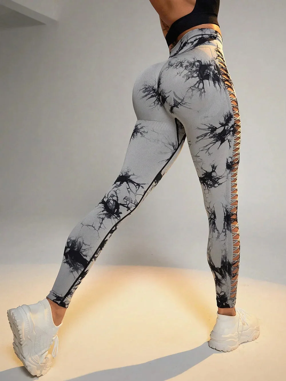 Tlbang Women Tie Dye Hollow Out Leggings Sports Yoga Pants Fitness Sportswear Sexy High Waist Push Up Gym Tights Running Leggings