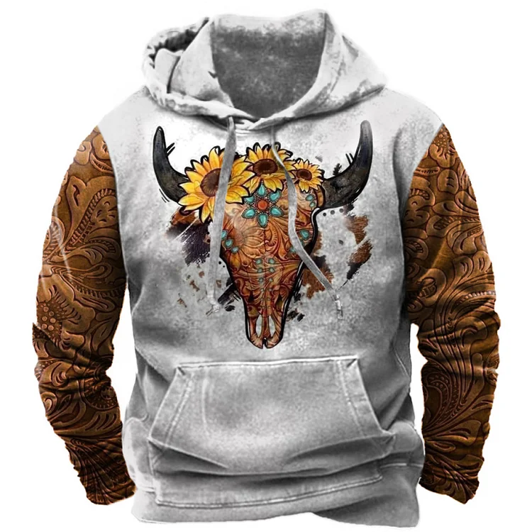 Men's Vintage Western Ethnic Split Print Hoodie Top