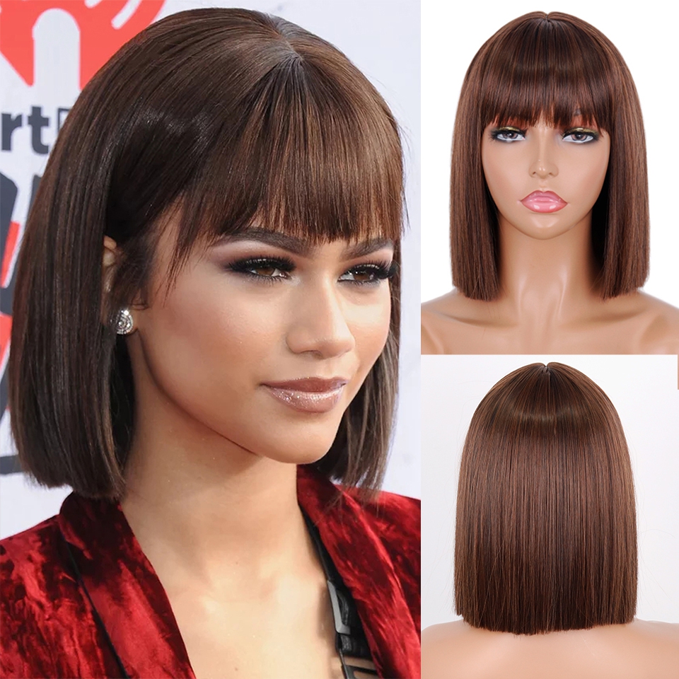 Glueless Brown Straight Wig Bob Wig With Bangs