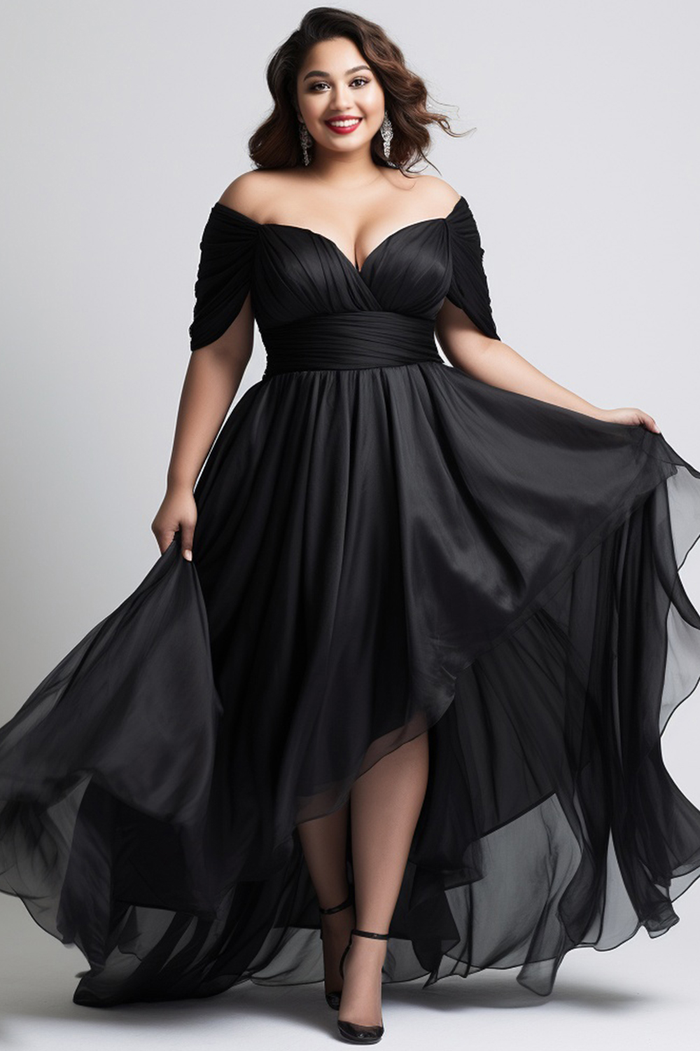 Flycurvy Plus Size Wedding Guest Black Organza Off The Shoulder Wrap High Low Hem Maxi Dress