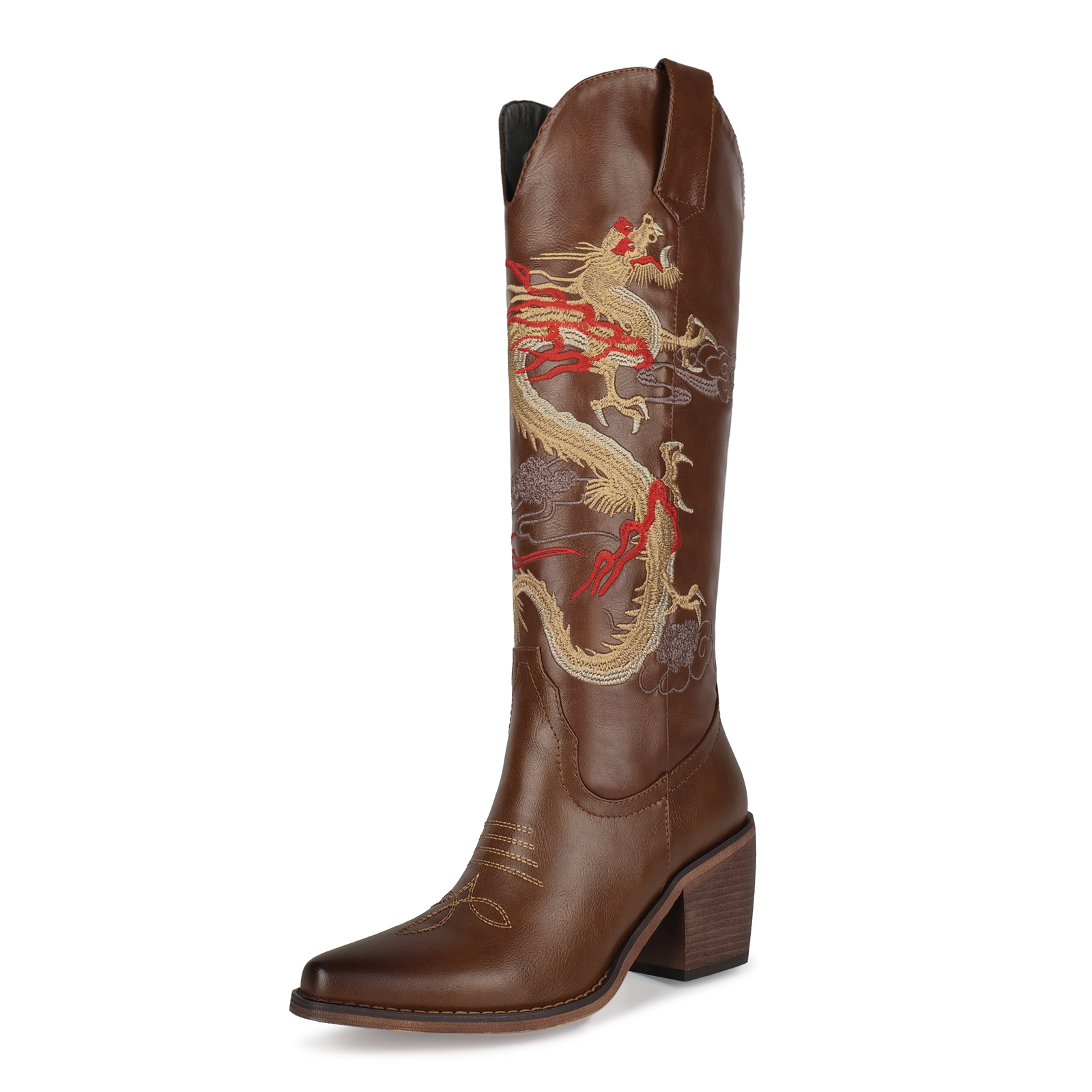 TAAFO Classic Dragon Embroidery Knee High Boots White Cowgirl Boots Chunky Heel Texas Cowboy Boots
