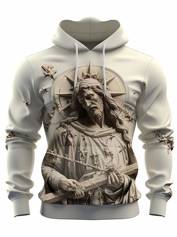 Men's Retro Jesus 3D Embossed Sculpture Graphic Print Hoodie