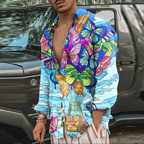 Men's Casual Shirt Lapel Butterfly Print Shirt T-Shirt