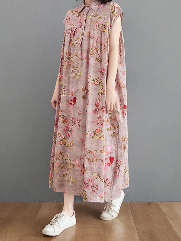 Lapel Floral Print Sleeveless Loose Casual Dress