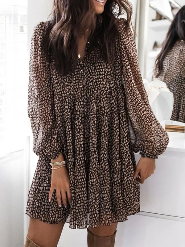 Long Sleeves Loose Buttoned Leopard Pleated V-Neck Mini Dresses