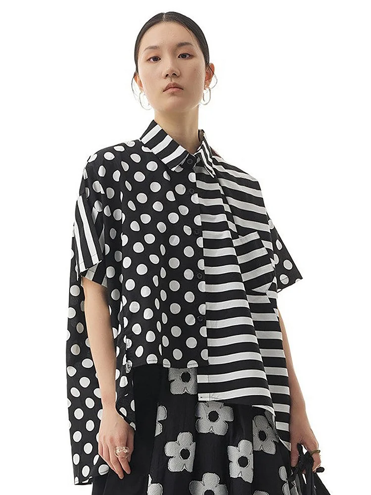 Plus- Size Cotton Stripe Dot Roomy Irregular Women Shirt