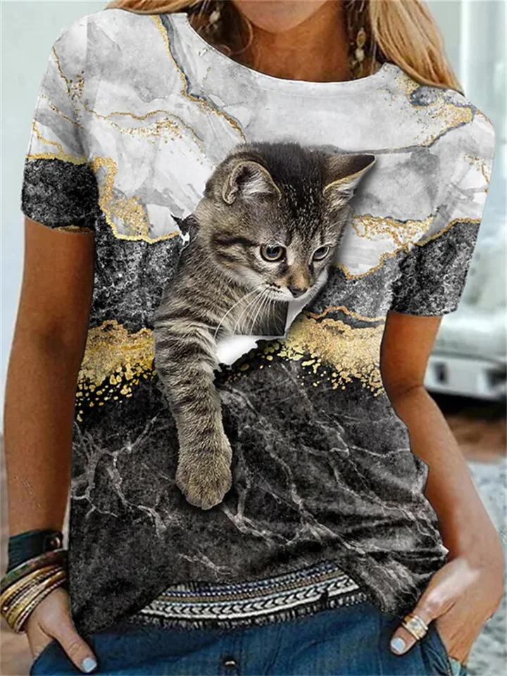Women's T shirt Tee Blue Khaki White Graphic Cat Print Short Sleeve Daily Weekend Vintage Round Neck Regular 3D Cat Painting-JRSEE