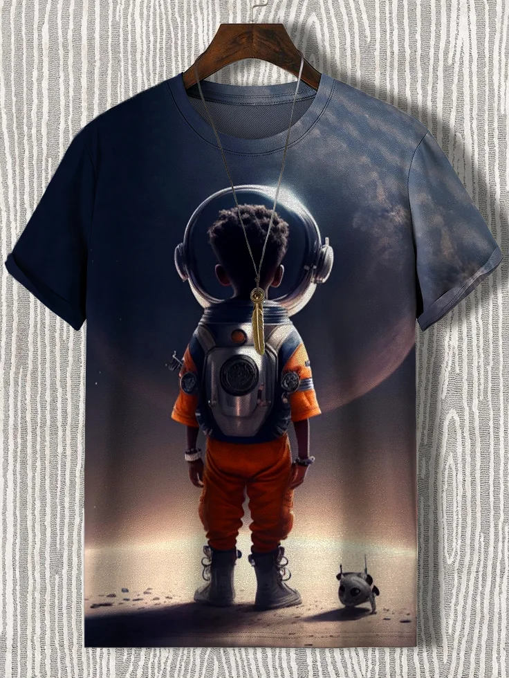 Men's Black Boy Astronaut in Space Print Casual T-Shirt