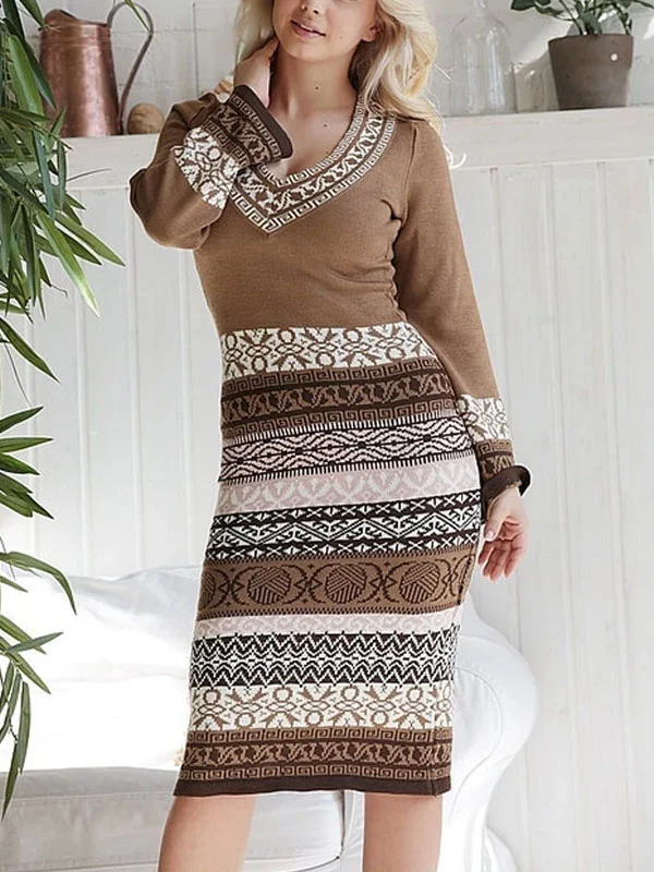 Jacquard brown knitted ladies dress