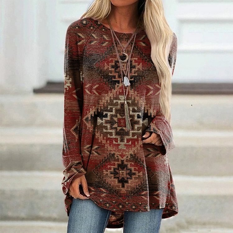 Vefave Vintage Western Print Crew Neck Tunic
