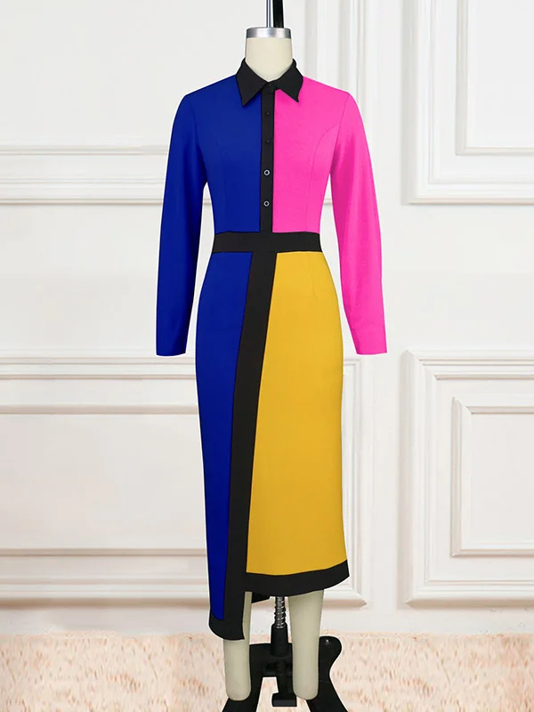 High Waisted Long Sleeves Asymmetric Buttoned Contrast Color Split-Back Lapel Midi Dresses