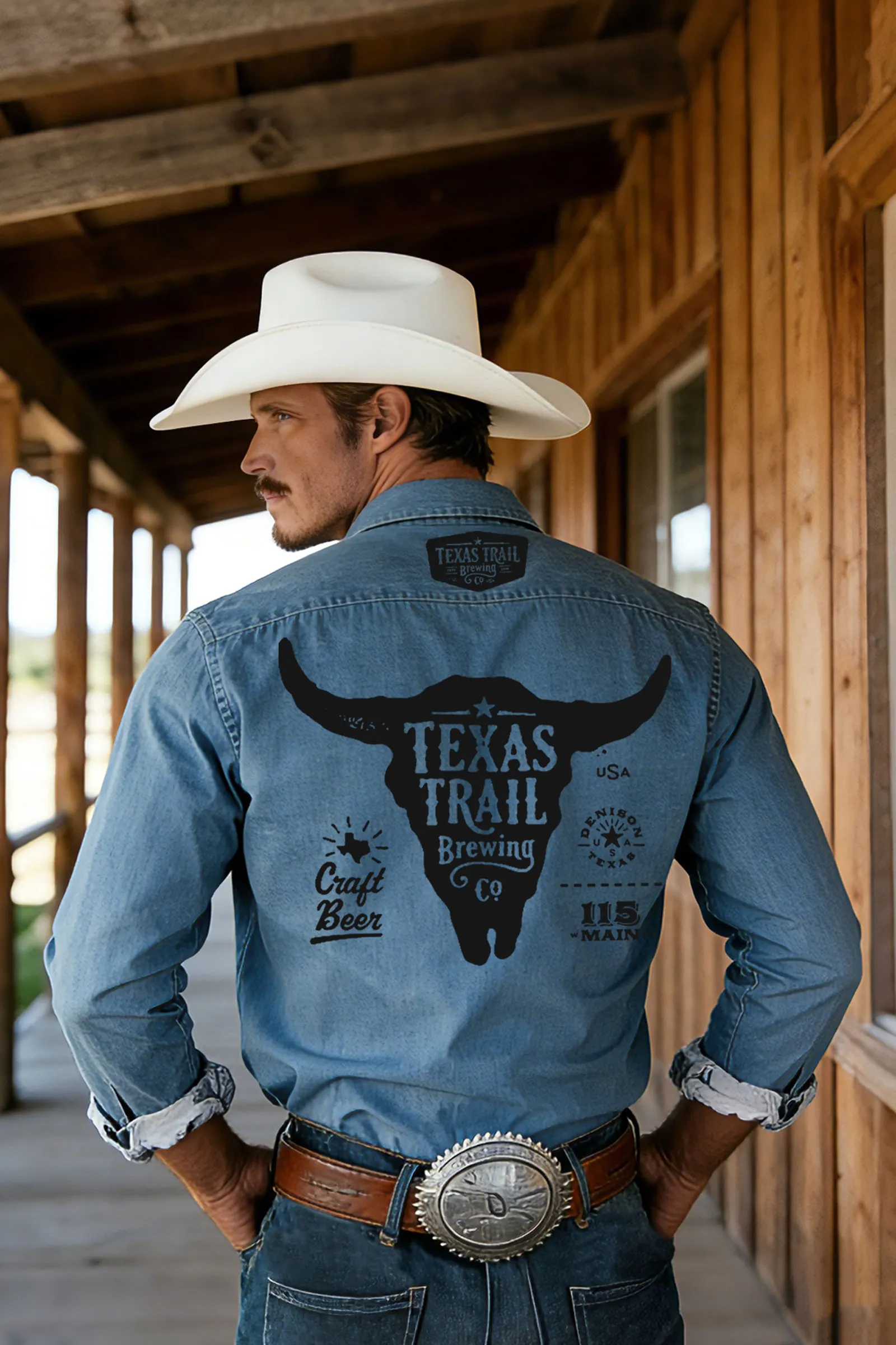 Western-Inspired Denim Shirt With Bullhead Graphic And Craft Beer Design