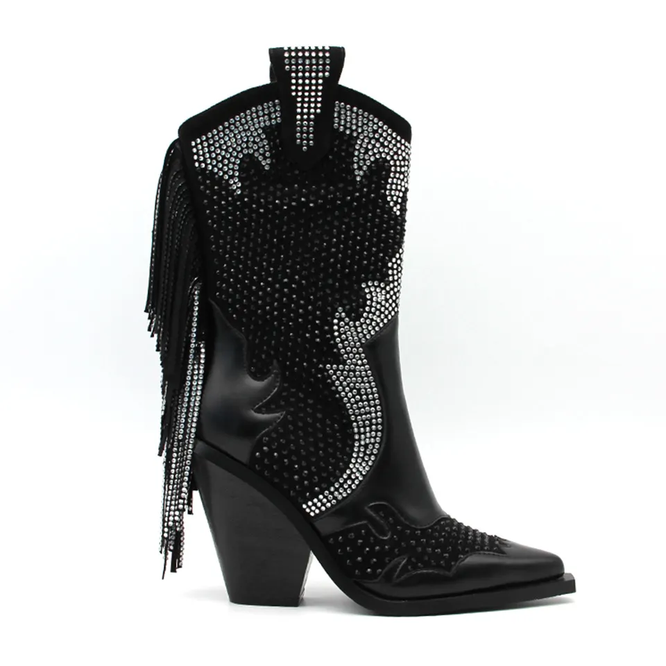 Black Tassels Fringe Mid-Calf Boots For Women Point Toe Cowgirl Boots Shoes Western Cowboy Boots