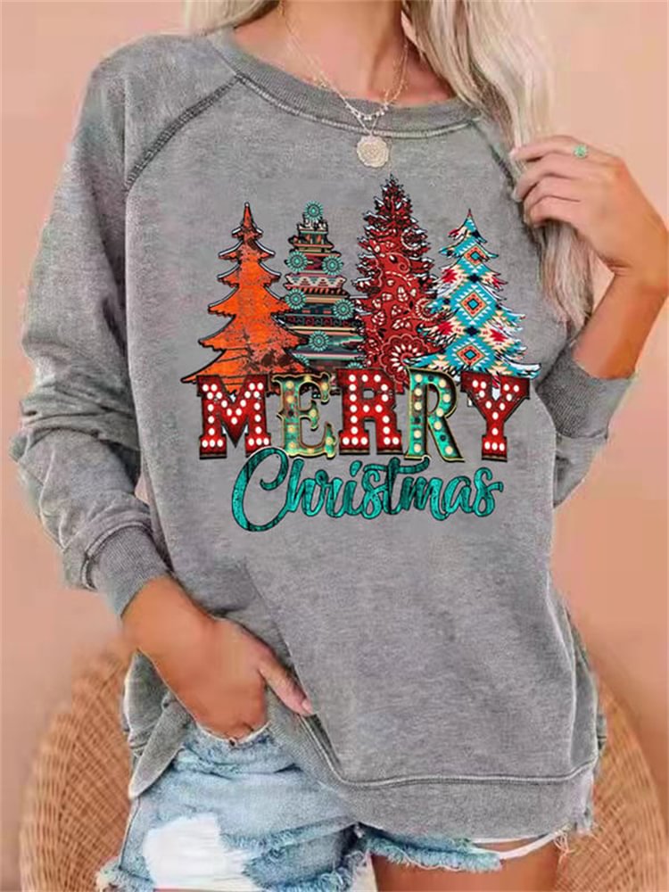 Comstylish Western Merry Christmas Trees Print Sweatshirt