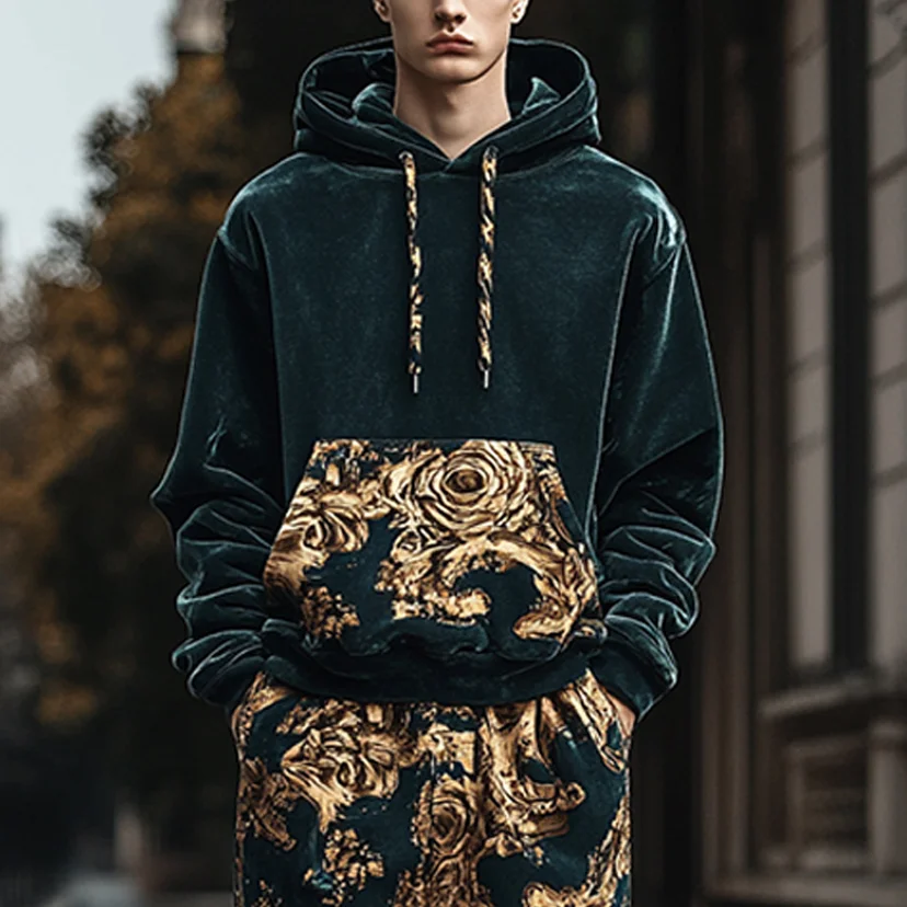 Velvet Court Baroque Print Hoodie Set-inspireuse