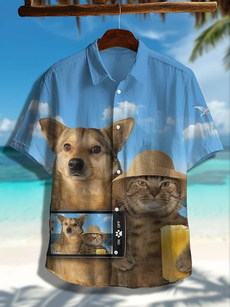 Men's Selfie Dog And Cat Print Short Sleeve Shirt