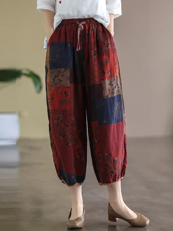 Vintage Drawstring High Waisted Contrast Color Stamped Harem Pants