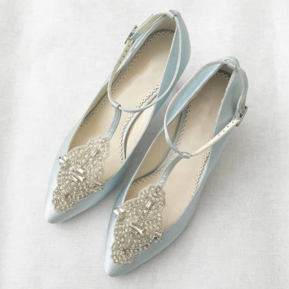 Sky Blue Satin Pointed Toe T-Strappy Rhinestone Embellished Pumps With Kitten Heel Nicepairs