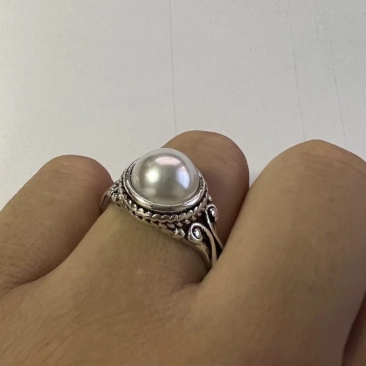  Vintage Pearl Ring Silver Plated Beautifully Engraved Wedding Engagement Ring VangoghDress