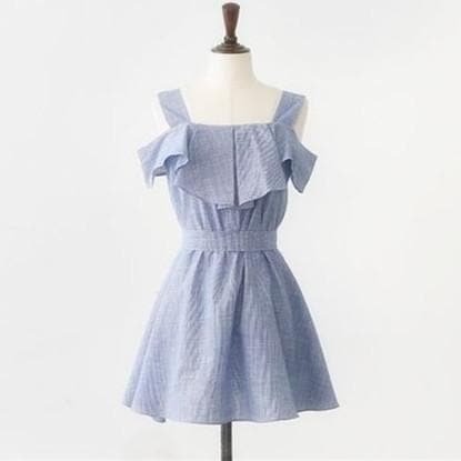 S-2XL Blue Falbala Off Shoulder Dress with Bowknot SP166091