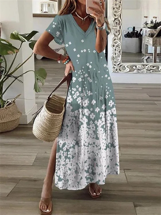 Women Short Sleeve V-neck Floral Printed Maxi Dress