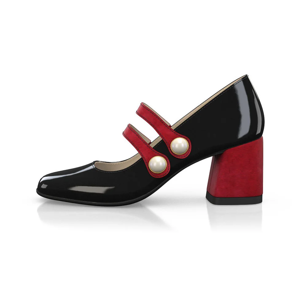 Black Patent Leather Square Toe Red Buckled Strappy Block Heeled Mary Janes Foe Women   Nicepairs