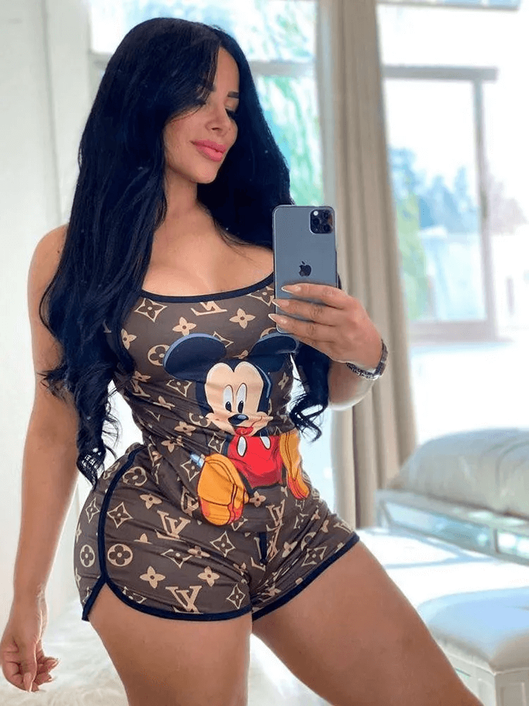 Fashion Sexy Cartoon Printing Suspender Top Set - Life is Beautiful for You - SheChoic