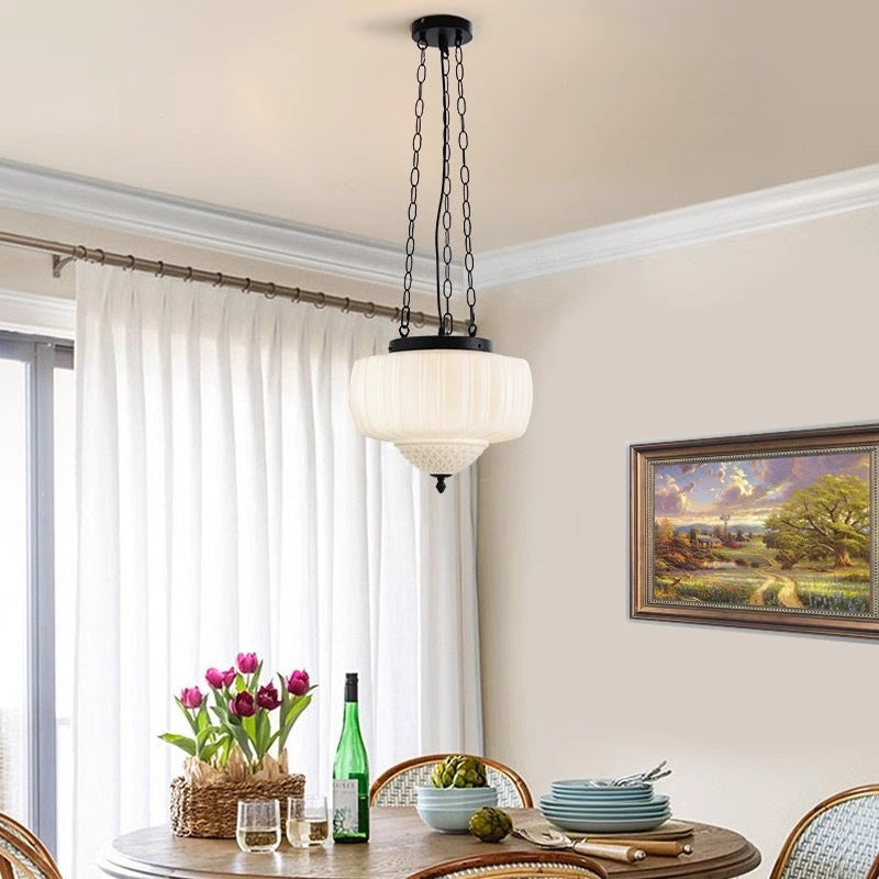 Traditional Vintage Diamond Round Iron Glass 3-Light Pendant Light For Bedroom