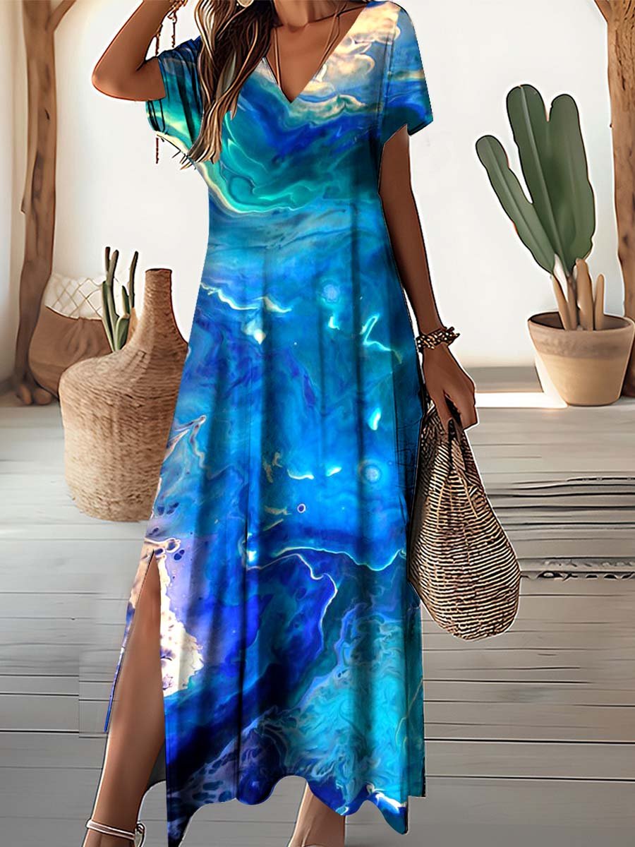 Women's Color Art Inkjet Seaside Resort V-neck Dress