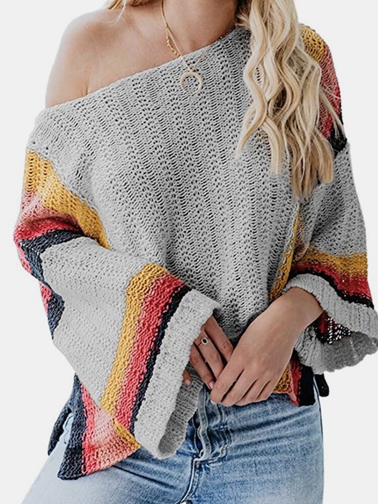 Contrast Color Patchwork Long Sleeve O-neck Sweater For Women