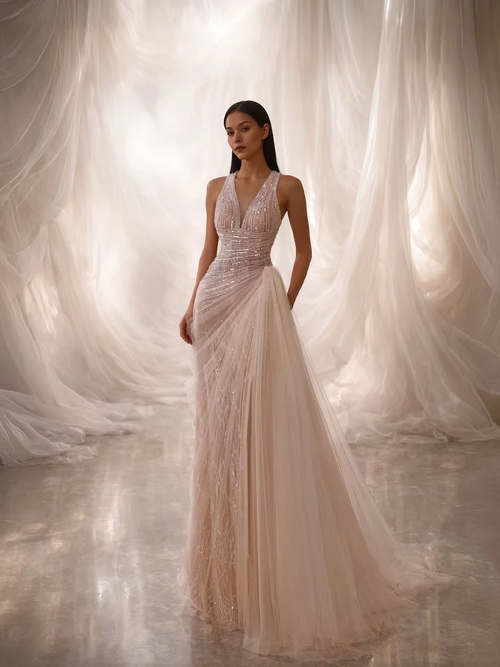 Tulle Halter Deep V-Neck Sleeveless High-Waisted Long Mermaid Prom Dress With Pleated And Sequins | YK0972 Wellcucu