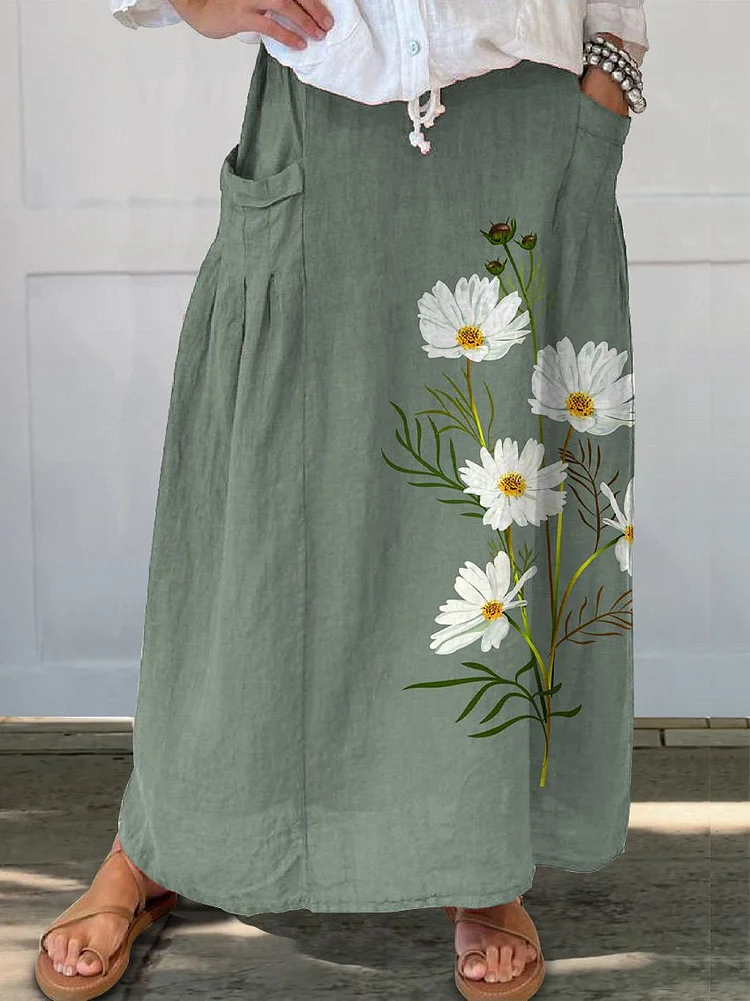 Spring White Daisy Floral Printed Women's Linen Pocket Skirt