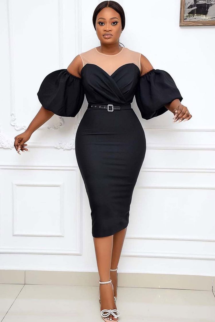 Black Off-the-Shoulder Mesh Panel Bodycon Dress - Life is Beautiful for You - SheChoic