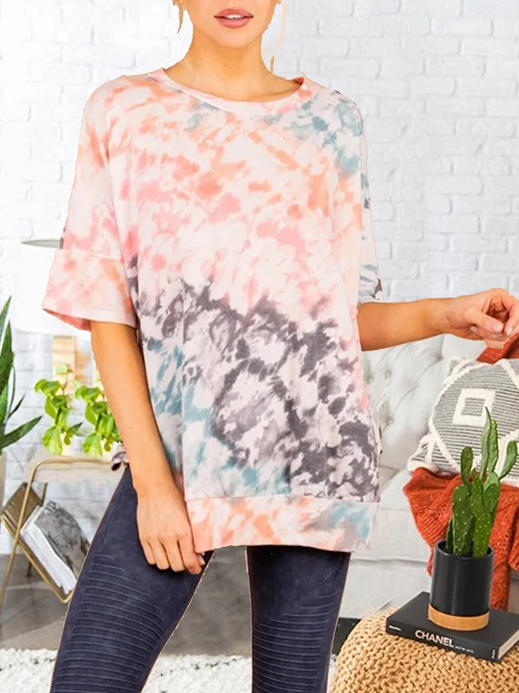 Bestdealfriday Multicolor Casual Ombretie Dye Crew Neck ShifT-Shirts Topscoral Orange Tie Dye Top 9537474