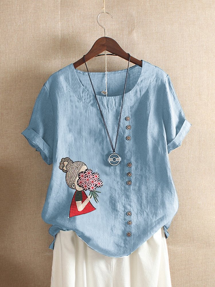 Cartoon Embroidery Short Sleeve Casual Blouse P1507454